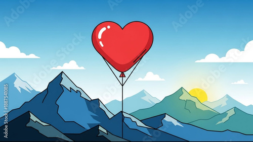 Red heart balloon floating over majestic mountain peaks symbolizing love and adventure with a sunrise in the background