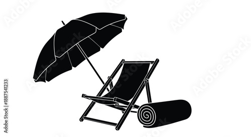Beach chair and umbrella on white background