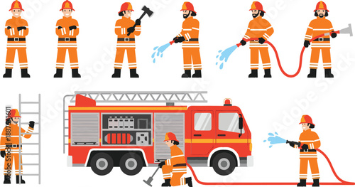 Firefighter and emergency response set with fire truck hose ladder and diverse crew for fire safety and municipal service vector