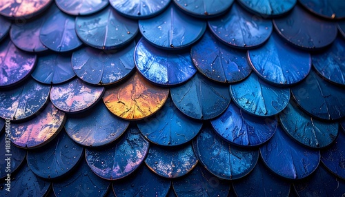 Wallpaper Mural Colorful reflective scales with water droplets illuminated by vibrant gradient lighting Torontodigital.ca