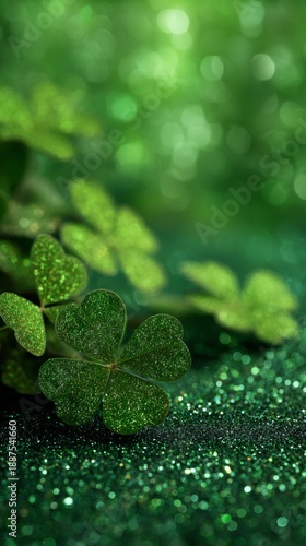 Shamrock background with glitter and bokeh for St. Patrick's Day, vertical photo