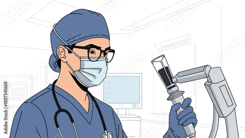 Surgeon with robotic assistant scene for operating room automation, surgical training simulation and medical device investment vector illustration