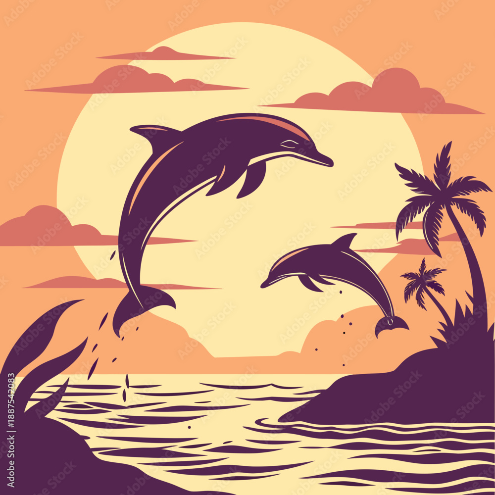 Naklejka premium Dolphins leaping at sunset