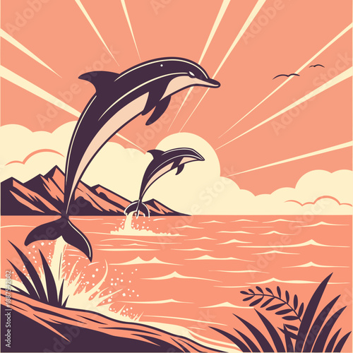 Leaping dolphins at sunset