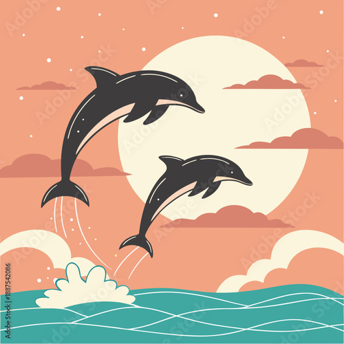 Leaping dolphins at sunset