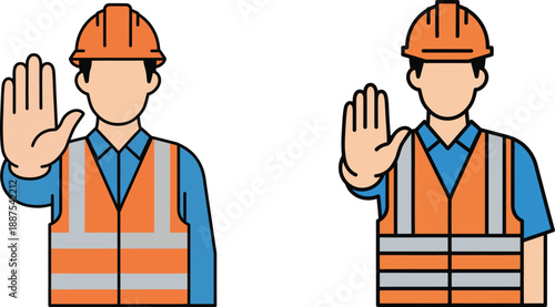 Construction worker showing stop hand gesture, safety sign