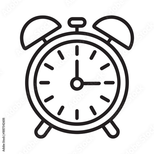 Simple black and white line drawing of a classic alarm clock face