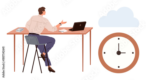 Time management, remote work, productivity, workplace organization, corporate strategy, deadlines. Man sitting at desk with laptop and clock. Time management and remote work concept