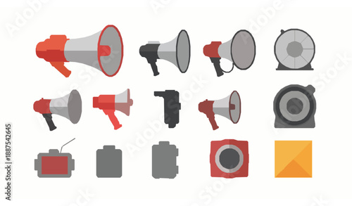 Black flat megaphone and loudspeaker vector set for announcements, marketing, and communication icons