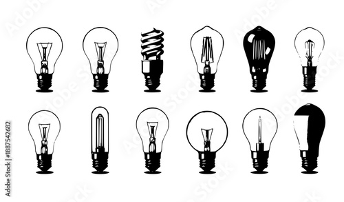 Realistic light bulb vector set: LED, incandescent, CFL, filament, and decorative lamps