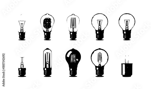 Flat realistic light bulb and lamp vector set for modern interior, technology, and energy design