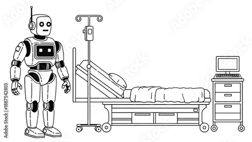 Humanoid medical robot beside hospital bed and monitoring equipment representing assistive robotics deployment, bedside automation and operational cost analysis for care facilities