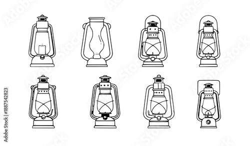 Flat vintage lantern vector icons with flames and candles for decorative and antique designs