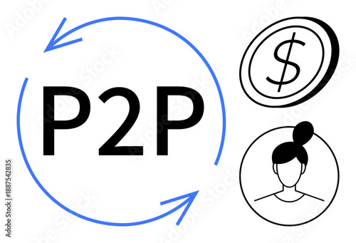 Peer-to-peer payments, digital transactions, money transfer, blockchain, online banking, fintech. P2P text with dollar sign, user icon and arrows. Peer-to-peer payments and digital transactions