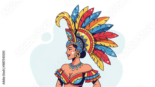 Colorful Tribal Dancer Wearing Feathered Headdress and Traditional Costume, Isolated on White Background, Illustration