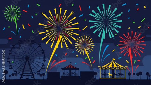 Colorful Fireworks Exploding over Amusement Park at Night