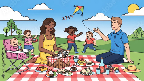 Happy Family Having Picnic in the Park with Kite Flying