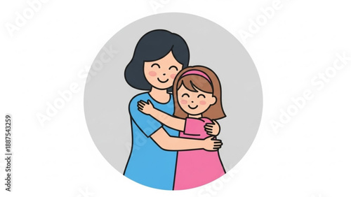 Mother Hugging Daughter with Love on White Background, Cartoon Style