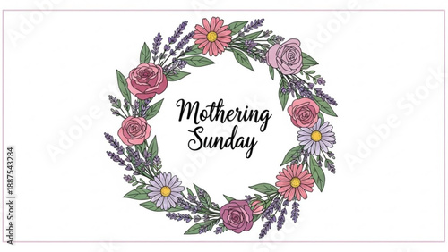 Floral Wreath with Mothering Sunday Text on White Background