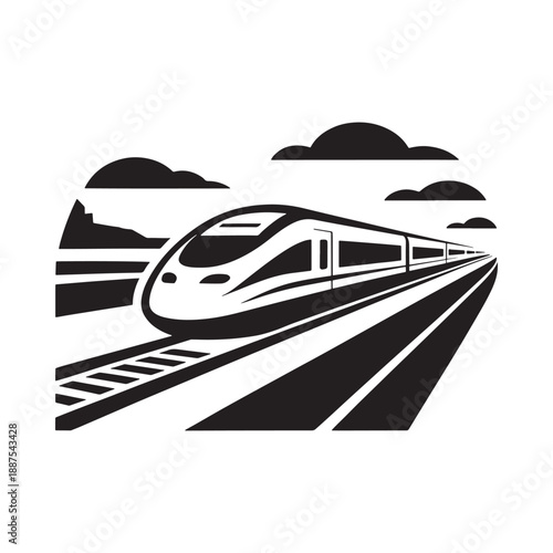 A sleek black and white illustration of a high speed train in motion