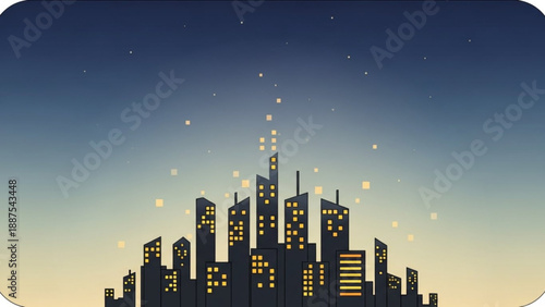 City Skyline at Dusk with Illuminated Windows and Stars