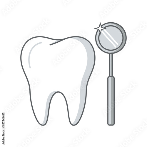 Illustration of a molar tooth next to a dental mirror, representing oral hygiene and dental care