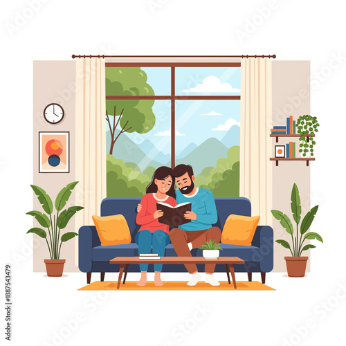 Serene Couple Sitting Comfortably and Reading a Book at Home