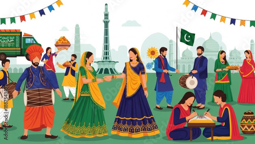 Pakistani People Celebrating Independence Day with Traditional Dance and Music in Front of Minar-e-Pakistan Monument