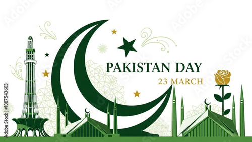 Pakistan Day Celebration with Crescent Moon and Minarets on 23 March