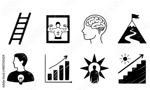 Self improvement and success icon set, silhouettes of personal growth, brainstorming, mountain climbing, and career progression, motivation and leadership symbols vector illustration on white