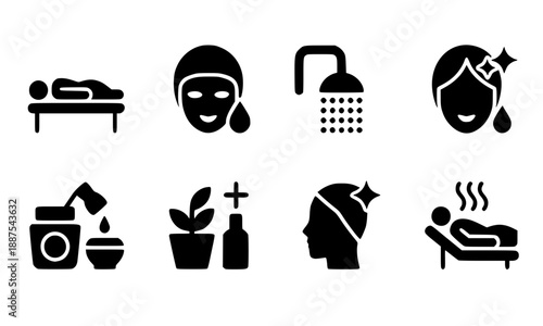 Spa and wellness therapy icon set, black silhouettes of massage, facial mask, shower, and skin care treatments, beauty salon and relaxation symbols vector illustration on white background
