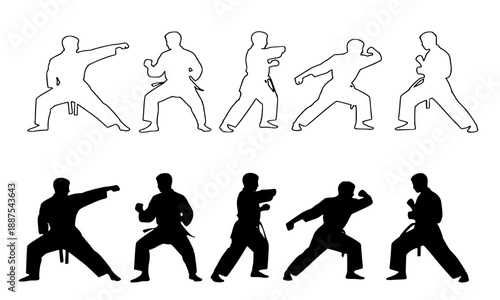 Martial arts karate training silhouettes and outlines, male fighter in various combat poses and stances, sports club and self defense vector illustration on white background