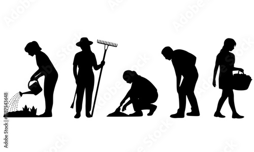 Set of household and yard work silhouettes, people gardening, watering plants, cleaning with a broom, and carrying a basket, domestic life and manual labor vector illustration on white background