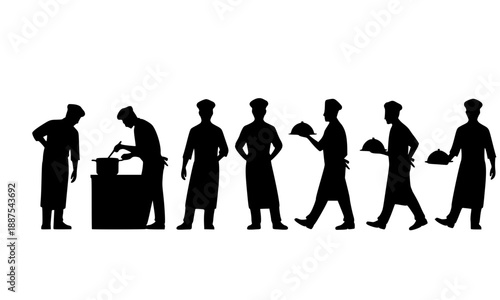 Professional restaurant chef and culinary team silhouettes, male and female cooks in uniforms preparing food and carrying platters, kitchen staff and catering vector illustration on white