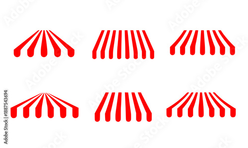 Red and white striped awning set, various perspectives of shop canopy and storefront window sunshades, classic retail marketplace and cafe stall vector illustration elements on white