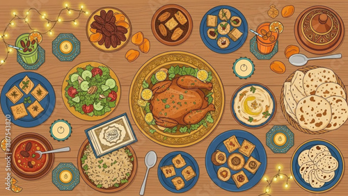 Traditional Thanksgiving Feast with Roasted Turkey and Side Dishes Flat Lay