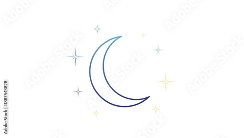 Blue Crescent Moon with Stars Isolated on White Background