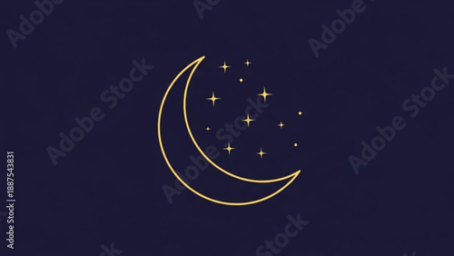 Golden Crescent Moon with Stars on Dark Blue Background