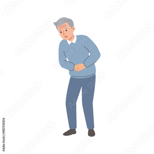 Senior elderly man holding his stomach in pain or discomfort