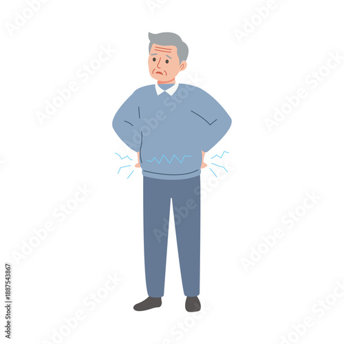 Senior Man Suffering from Lower Back Pain, Flat Vector Illustration