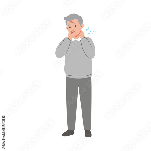 Senior Man with Neck Pain, Flat Vector Medical Illustration