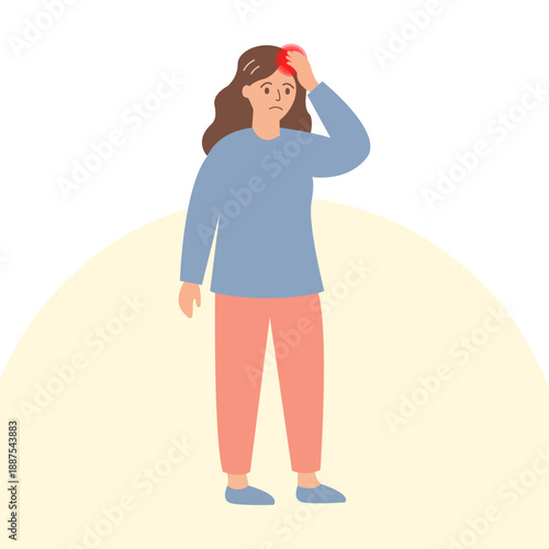 Woman Experiencing Head Pain and Headache, Flat Vector Illustration