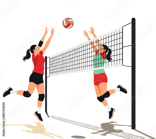 Women's volleyball match illustration with players spiking and blocking at the net for sports tournament and athletic branding vector
