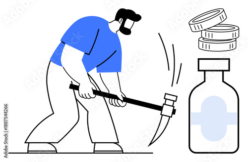 Healthcare costs, financial struggles, saving money, medical bills, economic pressure, expense management. Man breaking a bottle near stacked coins. Healthcare costs and financial struggles concept