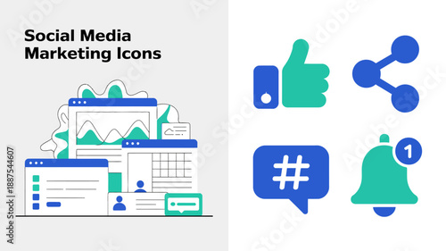 visual representation of social media marketing tools including a laptop like share hashtag and notification bell icons in a blue color scheme high quality professional detailed