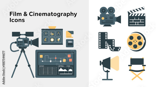 a collection of film and cinematography icons including cameras film reels clapperboards and editing consoles displayed in a visually appealing arrangement high quality professional detailed modern