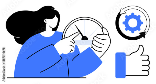 Performance optimization. Woman monitoring efficiency with speed dial, gear workflow, and thumbs-up for positive feedback. Performance optimization for productivity, teamwork, innovation, process