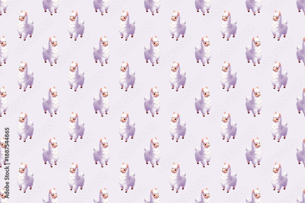 Fototapeta premium Seamless pattern with cute cartoon llama characters repeating across design, purple fluffy texture, for textile wallpaper