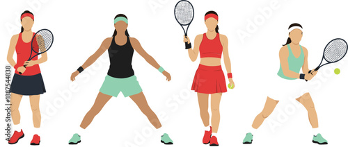 Women's tennis player action pose set with forehand swing and defensive stance for sports coaching and tournament branding vector