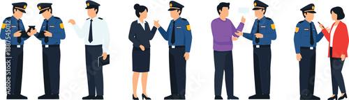 Police officer and community interaction illustration set with law enforcement helping citizens and professional security personnel vector